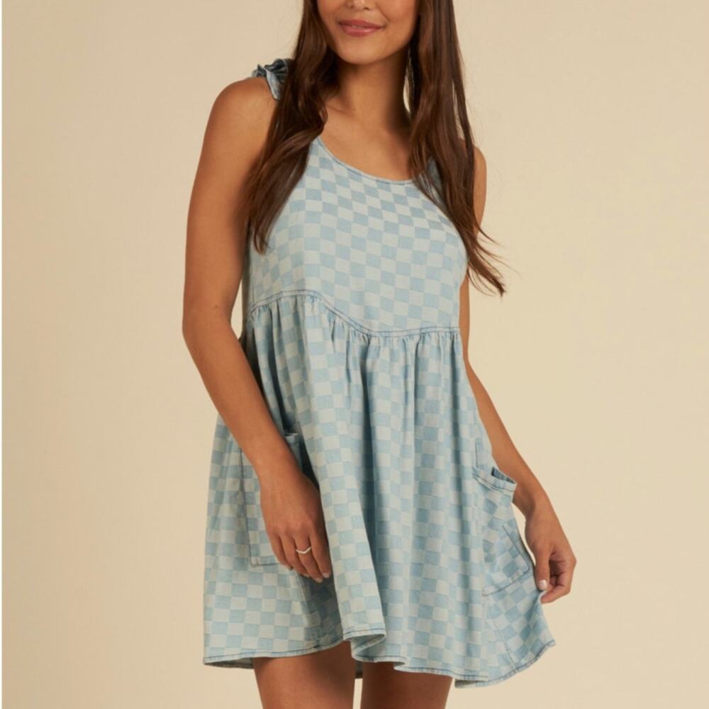 NWT Rylee + Cru Women's Sz XS Chambray Checked Swing Mini Dress Tie Shoulder